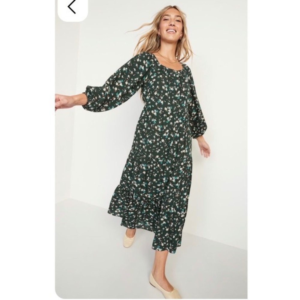 Old Navy Maxi Dress Women XXL Green Floral Tiered Balloon Sleeve Cottage Prairie